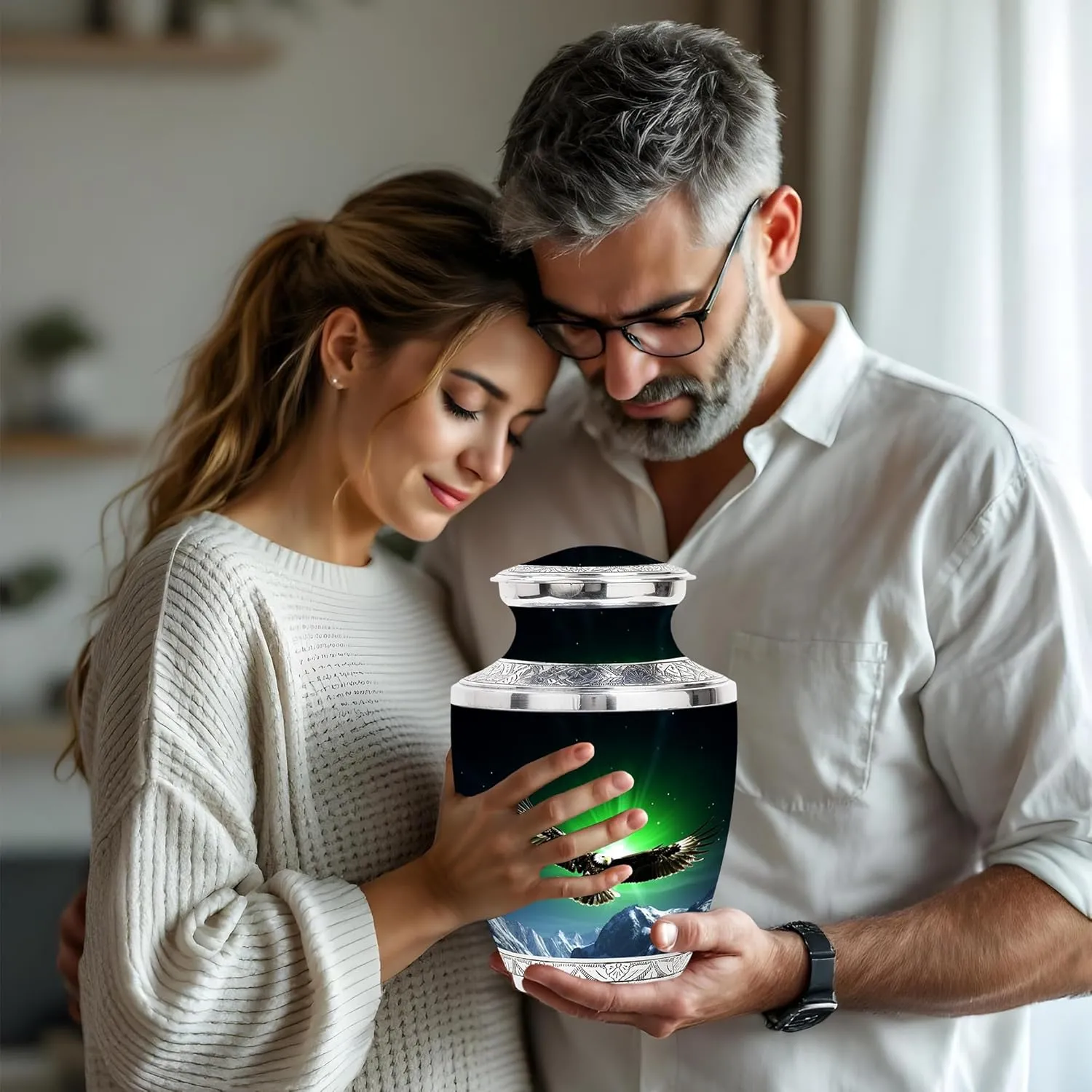 Eagle in Northern Lights - 10" Extra Large Urn - Northern Lights Urn with Eagle - Burial Urns for Cremated Remains, Cremation Urns - Ash Holders for Human Ashes (with Bag)