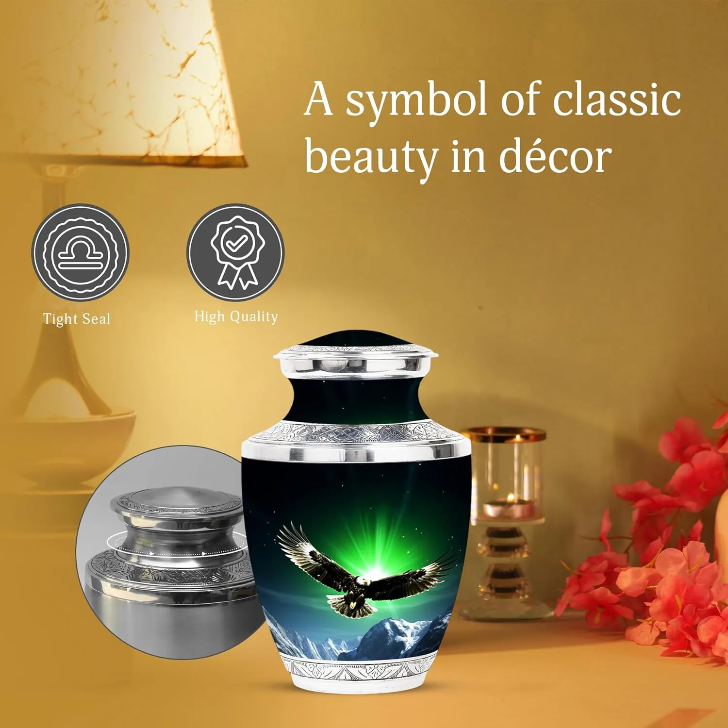 Eagle in Northern Lights - 10" Extra Large Urn - Northern Lights Urn with Eagle - Burial Urns for Cremated Remains, Cremation Urns - Ash Holders for Human Ashes (with Bag)