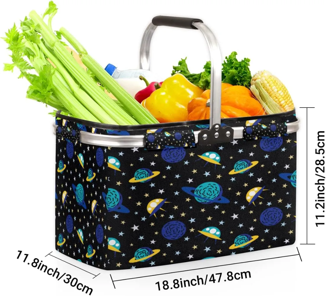 Earth and Spacecraft Folding Picnic Basket Large Collapsible Market Basket Aluminum Frame Cute Shopping Baskets Reusable Travel Camping Grocery Bags