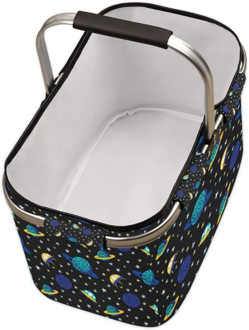 Earth and Spacecraft Folding Picnic Basket Large Collapsible Market Basket Aluminum Frame Cute Shopping Baskets Reusable Travel Camping Grocery Bags