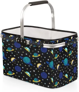 Earth and Spacecraft Folding Picnic Basket Large Collapsible Market Basket Aluminum Frame Cute Shopping Baskets Reusable Travel Camping Grocery Bags