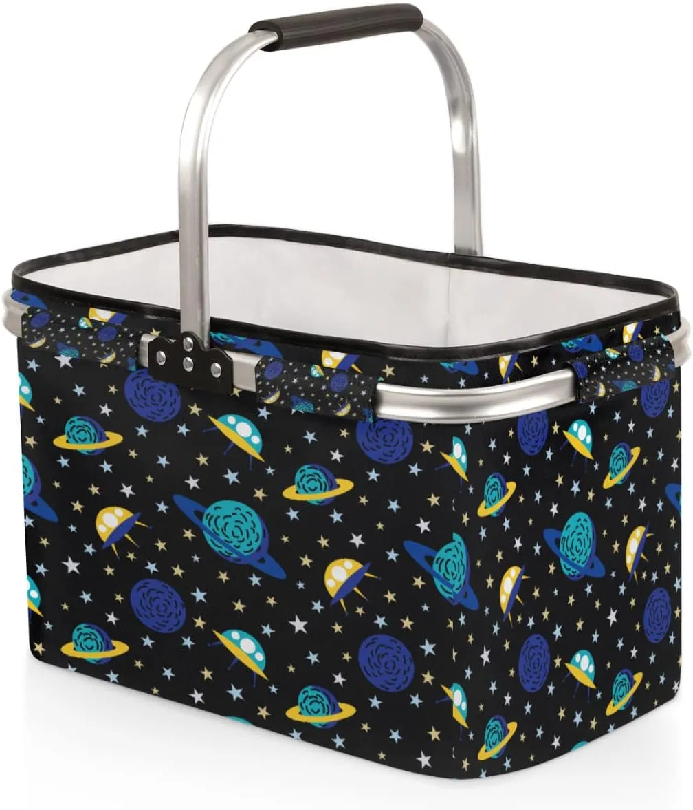 Earth and Spacecraft Folding Picnic Basket Large Collapsible Market Basket Aluminum Frame Cute Shopping Baskets Reusable Travel Camping Grocery Bags