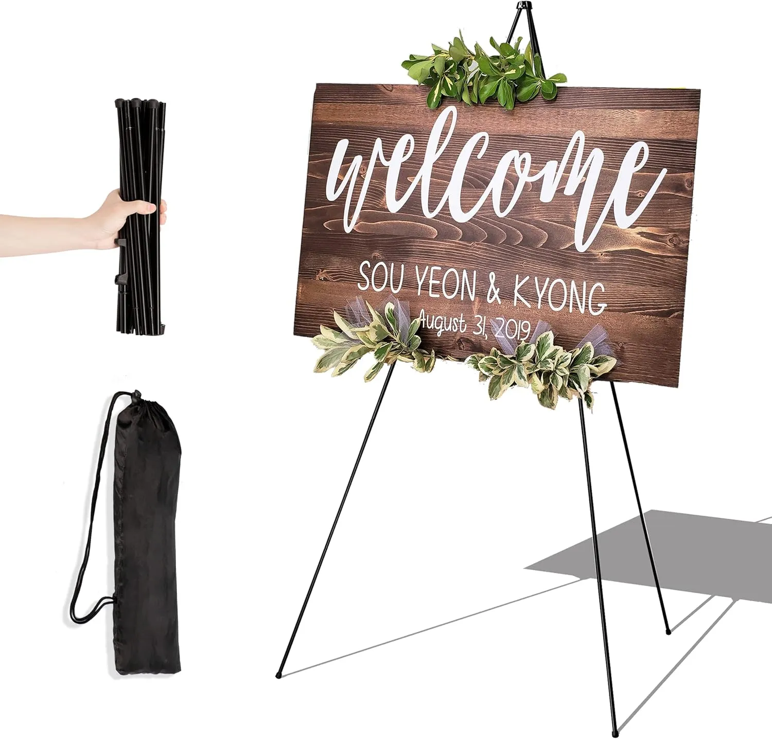 Easel Stand for Display Wedding Sign & Poster - 63 Inches Tall Easle for Display Holder - Portable Collapsable Poster Easel - Floor Adjustable Metal Painting Easels Tripod Black