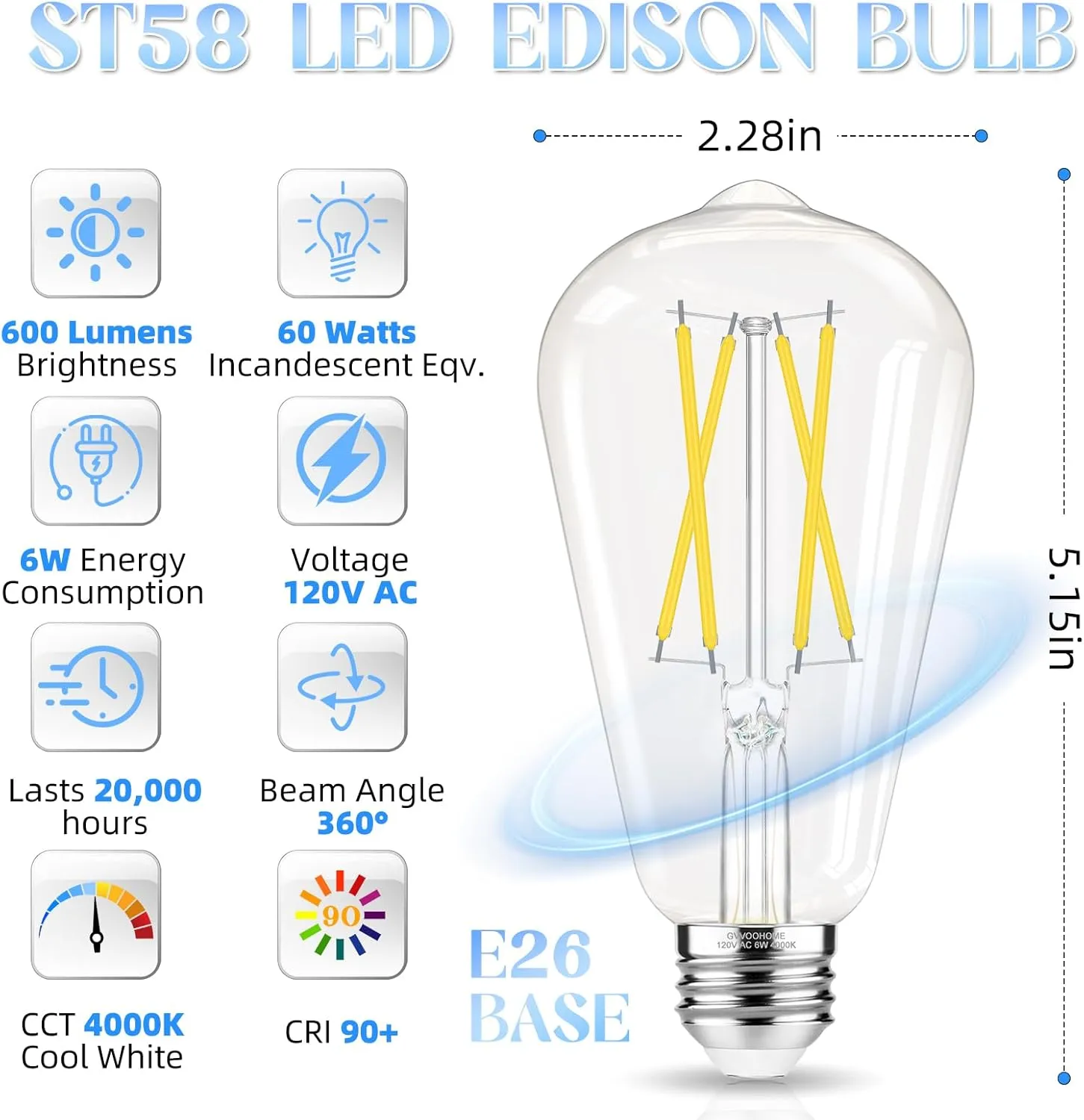Edison Bulbs 60 watt LED, E26 Bulb Non-Dimmable, Cool White 4000K, ST58 Vintage Light Bulbs, 90  CRI, 6W 600LM, E26 Medium Base, Clear Glass, 18 Pack