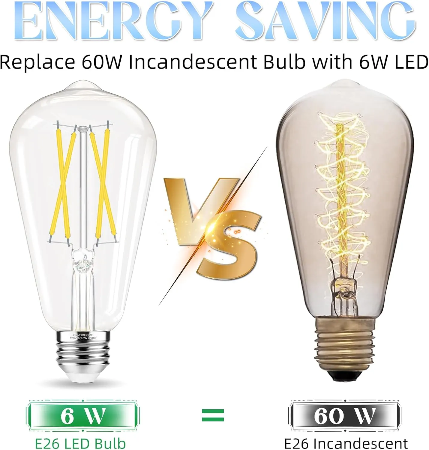 Edison Bulbs 60 watt LED, E26 Bulb Non-Dimmable, Cool White 4000K, ST58 Vintage Light Bulbs, 90  CRI, 6W 600LM, E26 Medium Base, Clear Glass, 18 Pack