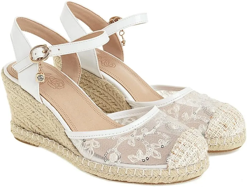 Elbslutt Women's Espadrille Wedge Slingback Sandals Platform Lace Closed Toe Embroidery Ankle Strap Pumps