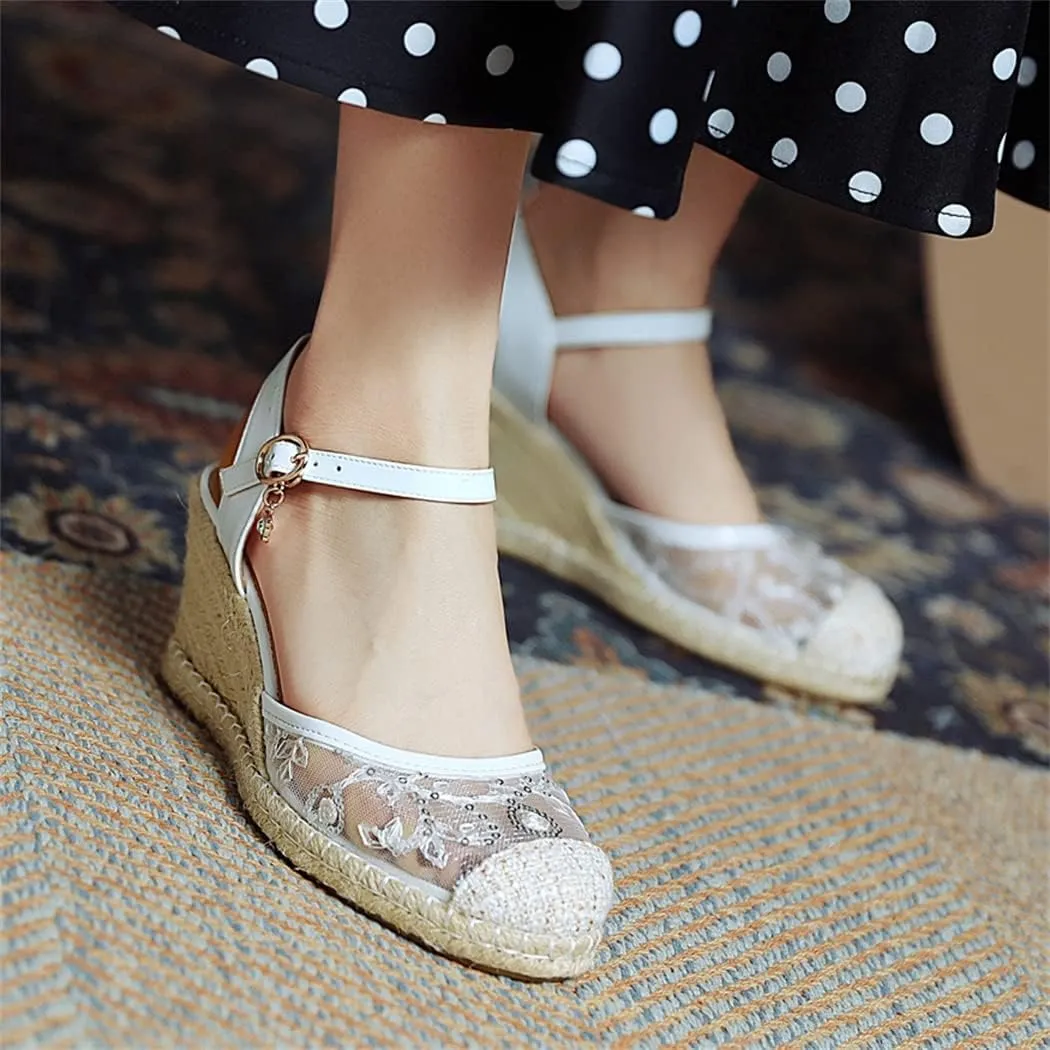 Elbslutt Women's Espadrille Wedge Slingback Sandals Platform Lace Closed Toe Embroidery Ankle Strap Pumps