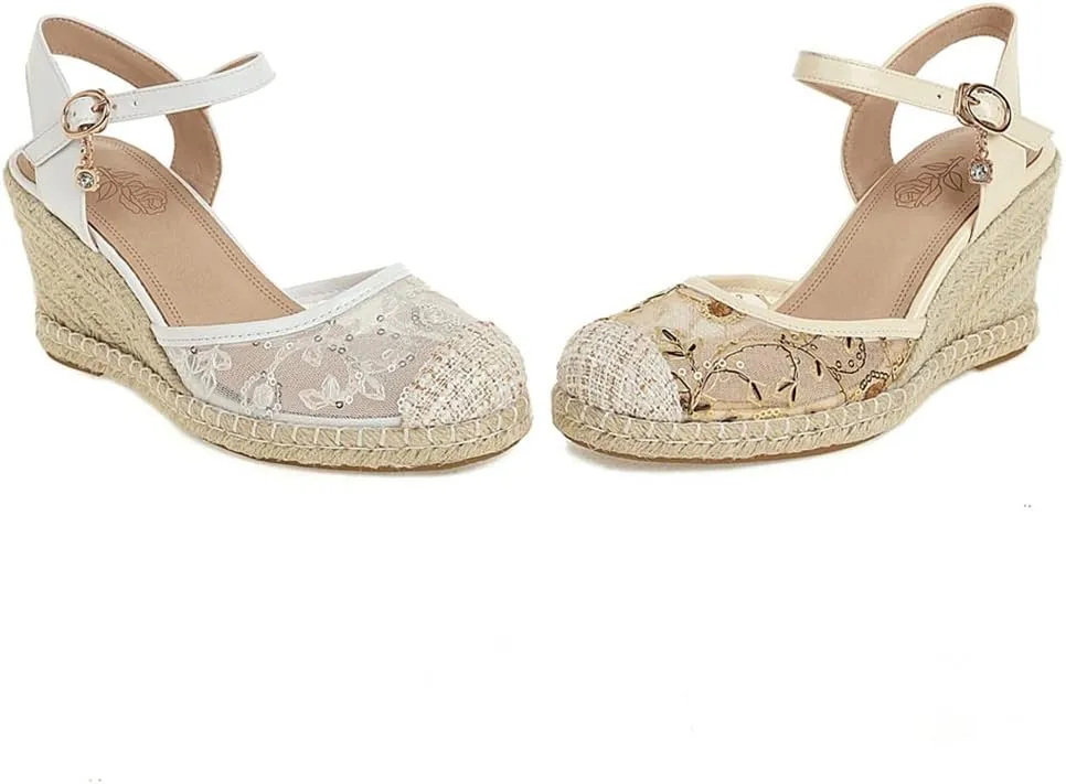 Elbslutt Women's Espadrille Wedge Slingback Sandals Platform Lace Closed Toe Embroidery Ankle Strap Pumps
