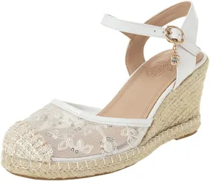 Elbslutt Women's Espadrille Wedge Slingback Sandals Platform Lace Closed Toe Embroidery Ankle Strap Pumps