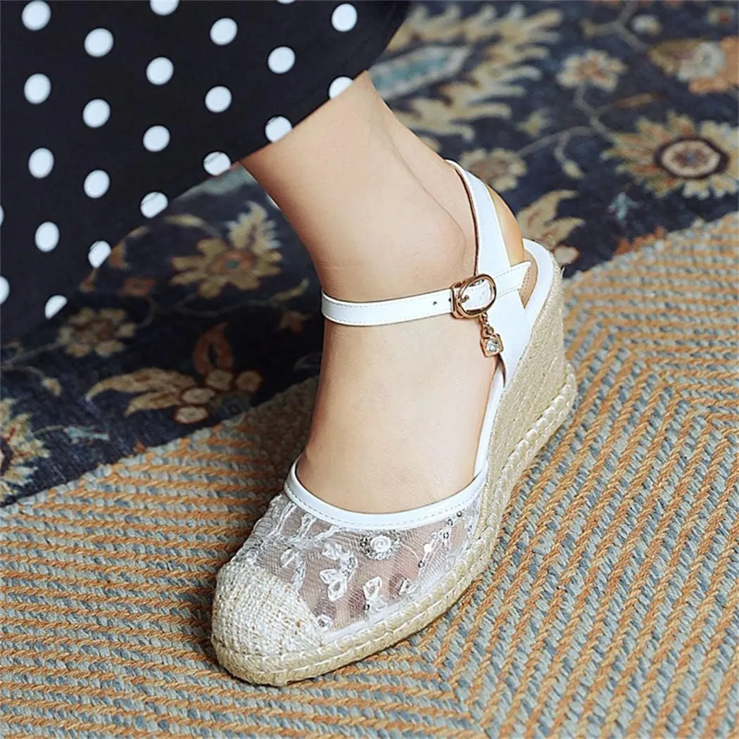 Elbslutt Women's Espadrille Wedge Slingback Sandals Platform Lace Closed Toe Embroidery Ankle Strap Pumps