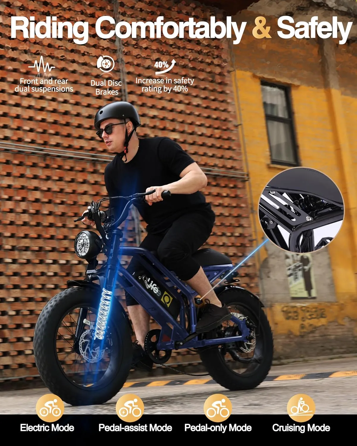 Electric Bike for Adults-1500W Peak Motor 20" Fat Tires 28MPH(Unlock to 35MPH) EBike Moped, 624-1248Wh Removable Battery Bicycle, with Dual Suspension & Brakes Motorcycle, 7-Speed,Spark