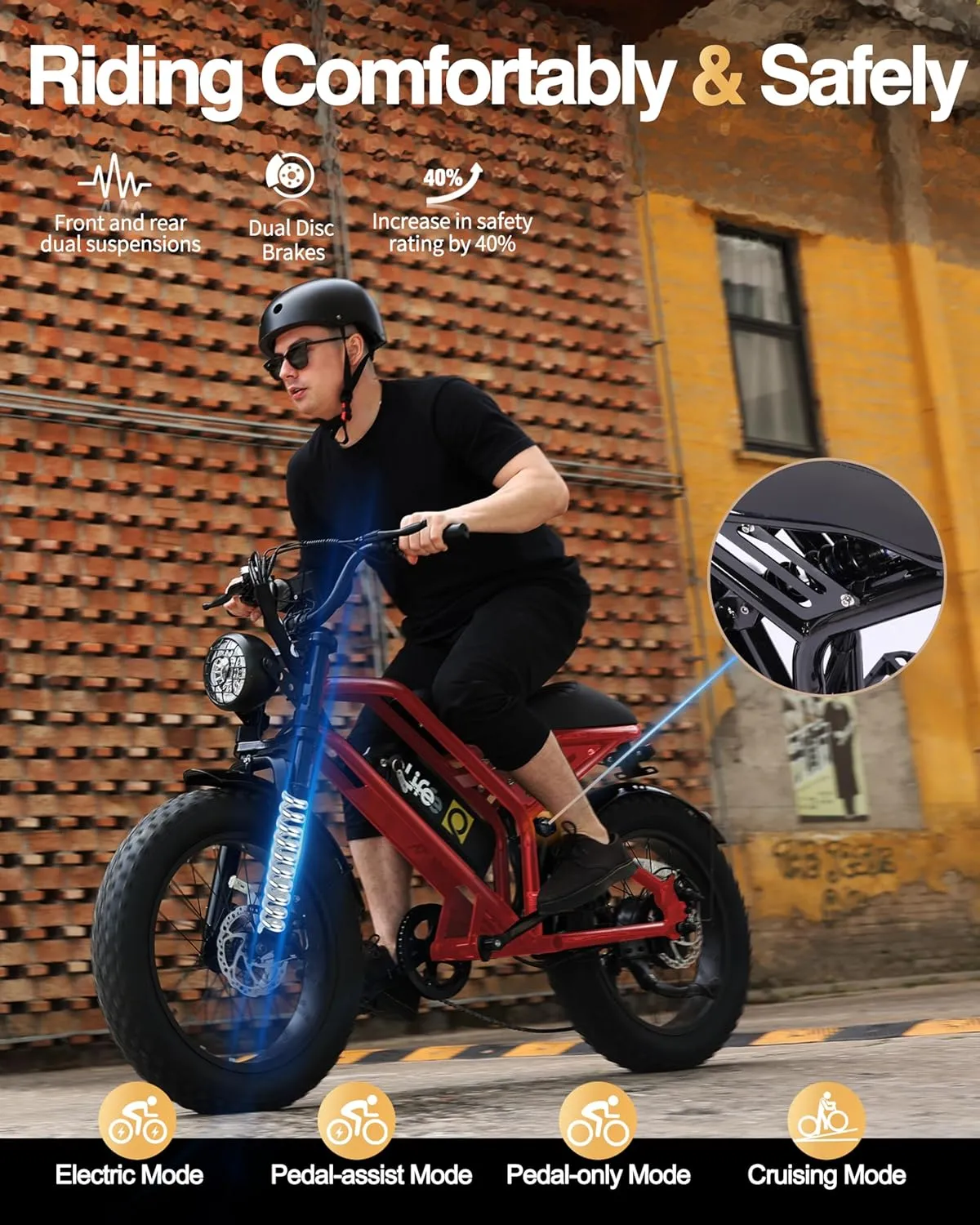 Electric Bike for Adults-1500W Peak Motor 20" Fat Tires 28MPH(Unlock to 35MPH) EBike Moped, 624-1248Wh Removable Battery Bicycle, with Dual Suspension & Brakes Motorcycle, 7-Speed,Spark