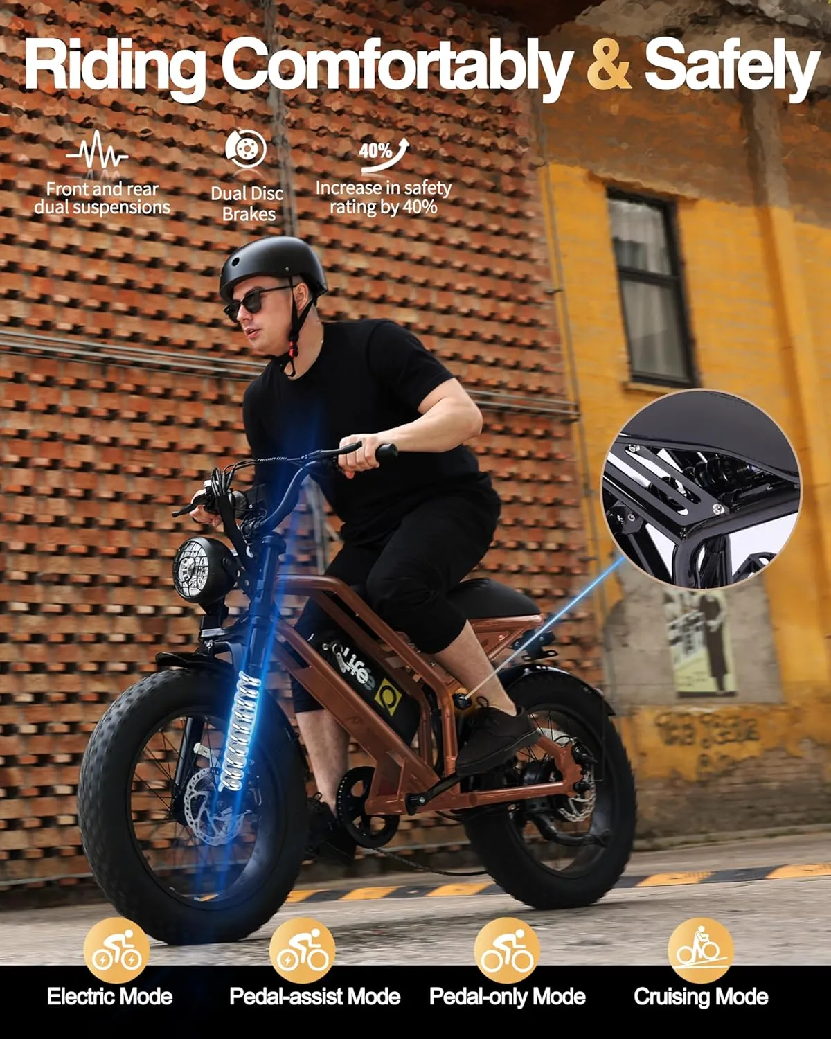 Electric Bike for Adults-1500W Peak Motor 20" Fat Tires 28MPH(Unlock to 35MPH) EBike Moped, 624-1248Wh Removable Battery Bicycle, with Dual Suspension & Brakes Motorcycle, 7-Speed,Spark