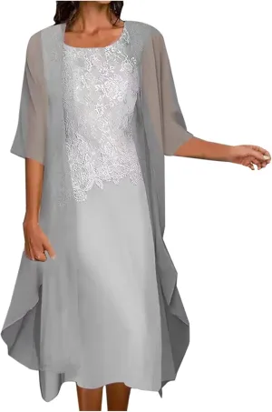 Elegant Dress for Womens Sleeveless Round Neck Printed Chiffon Dress Plus Solid Color Cardigan Two Piece Set Gowns