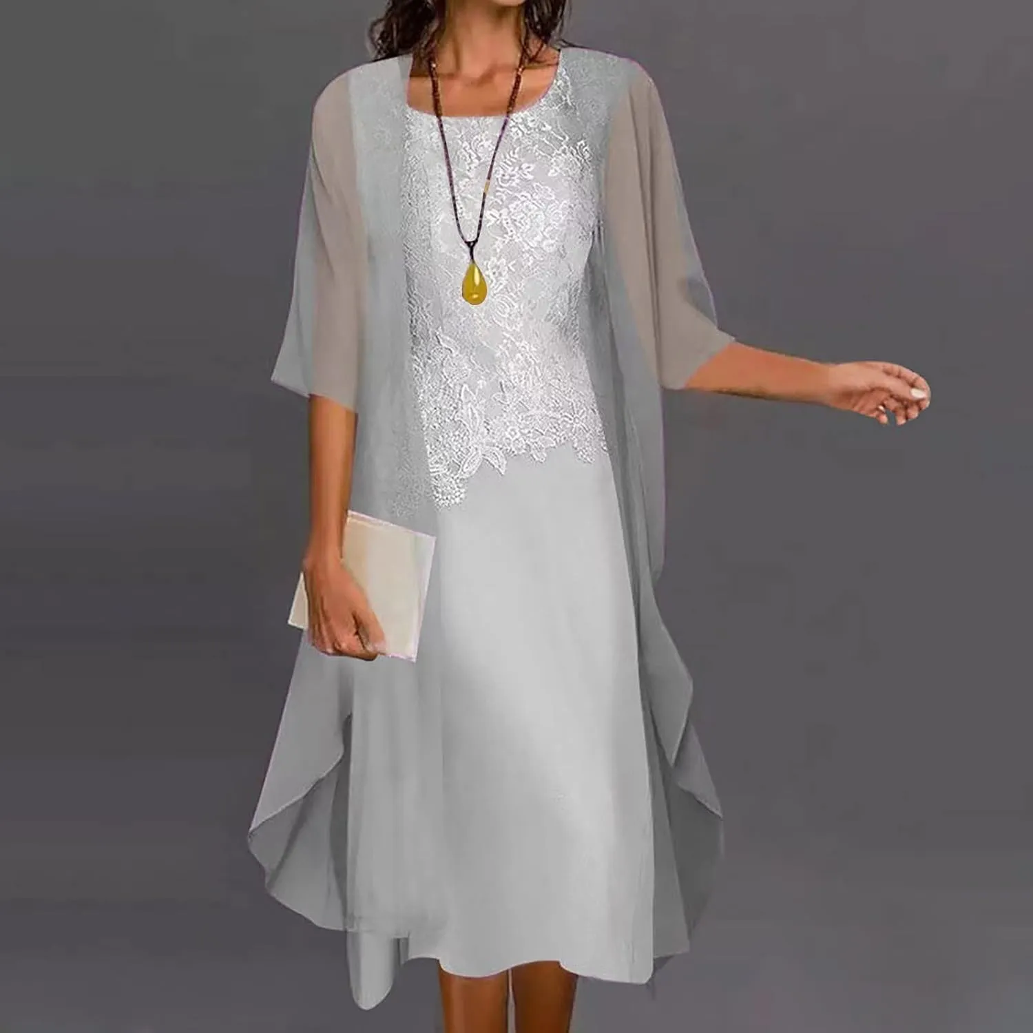 Elegant Dress for Womens Sleeveless Round Neck Printed Chiffon Dress Plus Solid Color Cardigan Two Piece Set Gowns