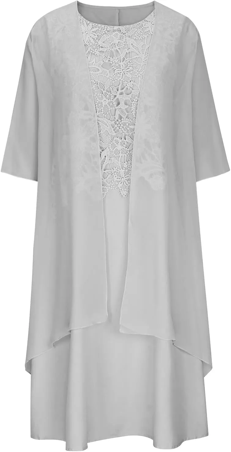 Elegant Dress for Womens Sleeveless Round Neck Printed Chiffon Dress Plus Solid Color Cardigan Two Piece Set Gowns