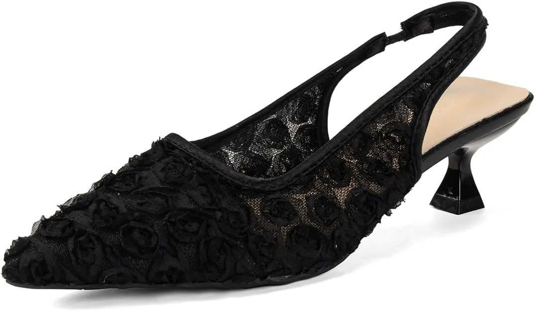 Elegant Lace Kitten Heels for Women - Black Slingback Pointed Toe Floral Mesh Dress Shoes - Low Heel Formal Wedding Guest Party Sandals