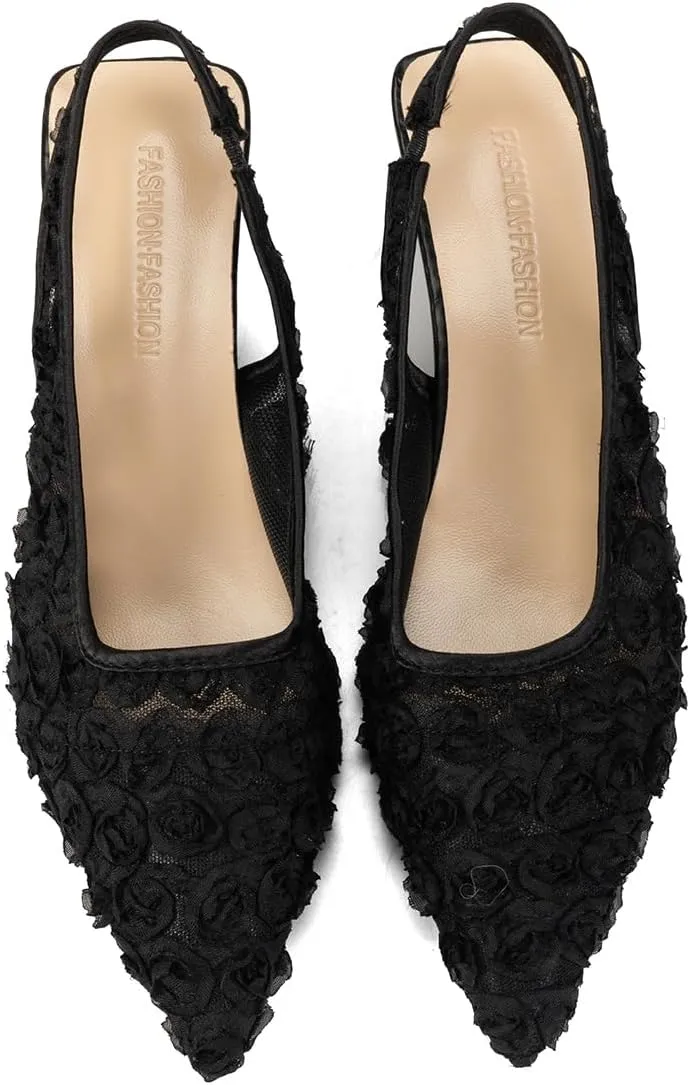 Elegant Lace Kitten Heels for Women - Black Slingback Pointed Toe Floral Mesh Dress Shoes - Low Heel Formal Wedding Guest Party Sandals
