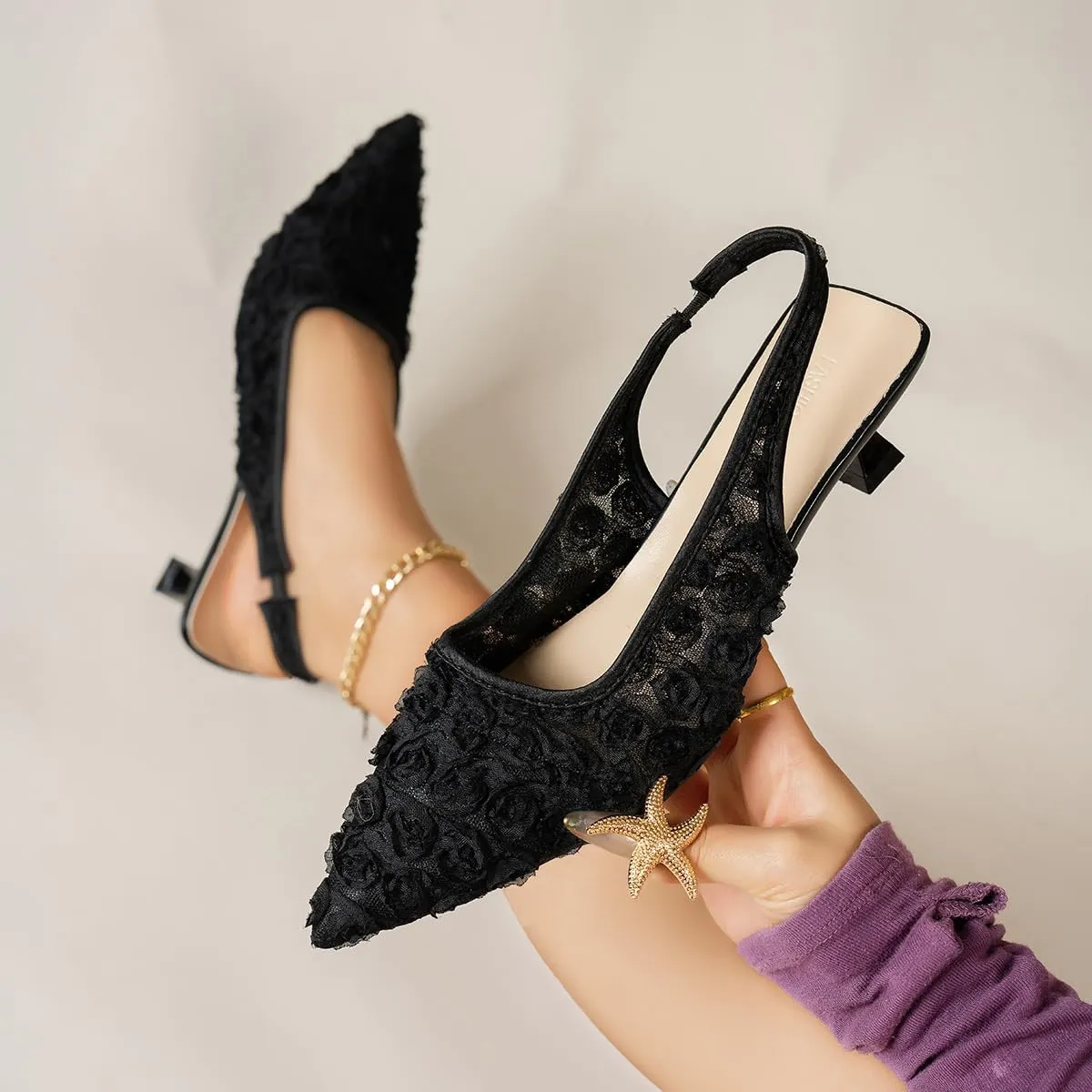Elegant Lace Kitten Heels for Women - Black Slingback Pointed Toe Floral Mesh Dress Shoes - Low Heel Formal Wedding Guest Party Sandals