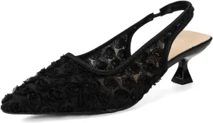 Elegant Lace Kitten Heels for Women - Black Slingback Pointed Toe Floral Mesh Dress Shoes - Low Heel Formal Wedding Guest Party Sandals