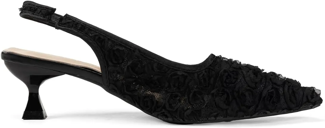 Elegant Lace Kitten Heels for Women - Black Slingback Pointed Toe Floral Mesh Dress Shoes - Low Heel Formal Wedding Guest Party Sandals