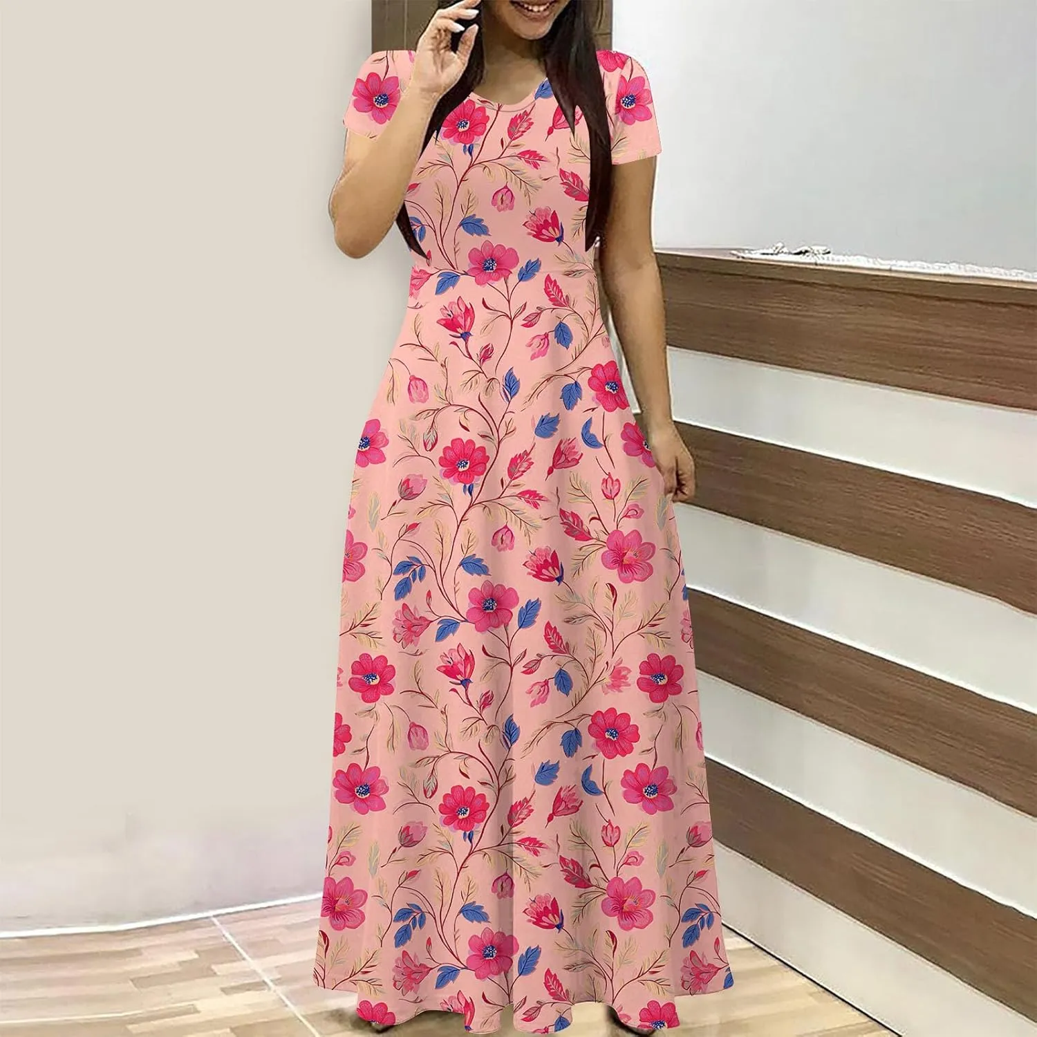 Elegant Printed Dress for Women Short Sleeve Round Neck Maxi Skirts Pockets A-line Long Dresses Prom Daily Wear