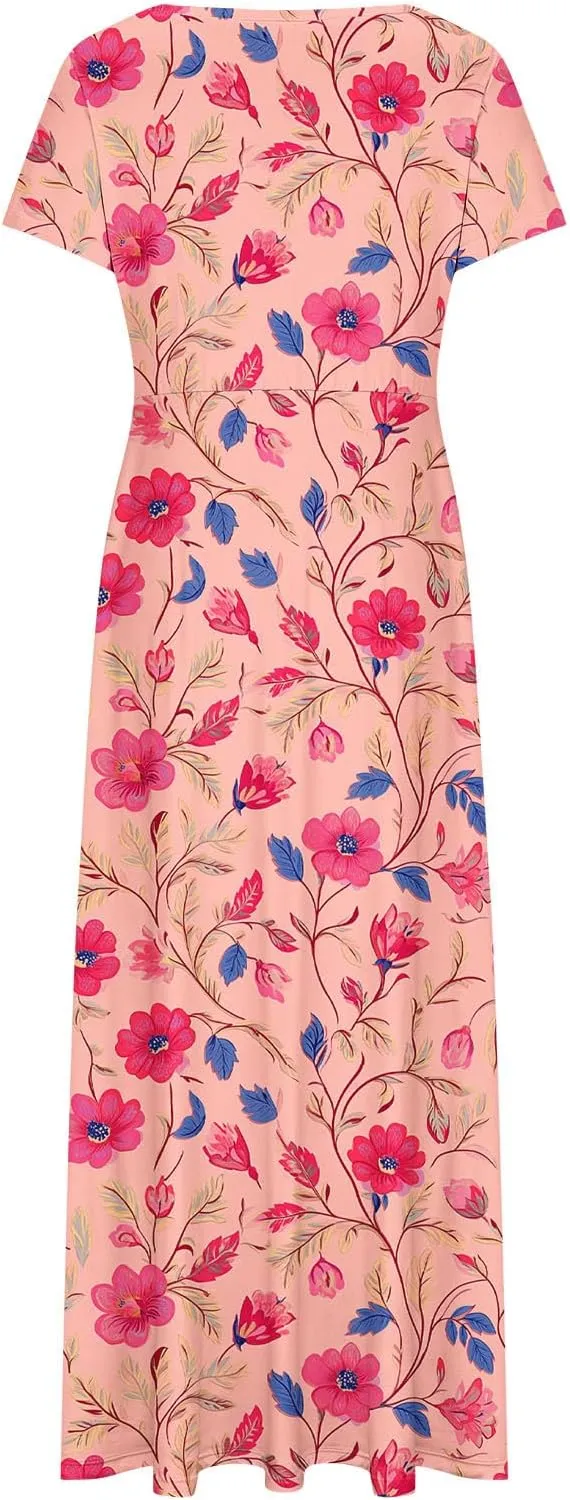 Elegant Printed Dress for Women Short Sleeve Round Neck Maxi Skirts Pockets A-line Long Dresses Prom Daily Wear