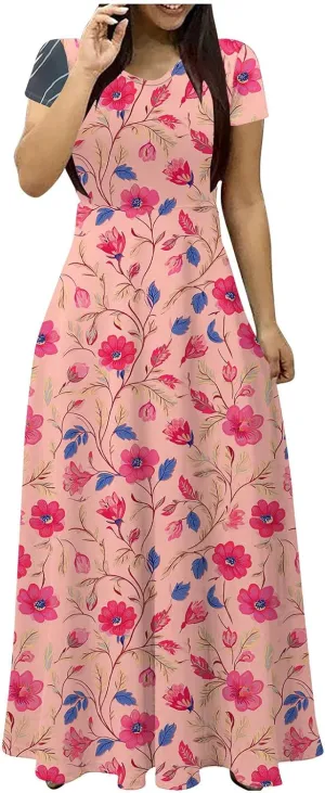 Elegant Printed Dress for Women Short Sleeve Round Neck Maxi Skirts Pockets A-line Long Dresses Prom Daily Wear