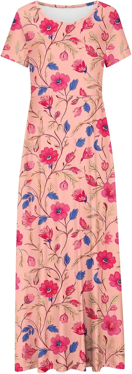 Elegant Printed Dress for Women Short Sleeve Round Neck Maxi Skirts Pockets A-line Long Dresses Prom Daily Wear