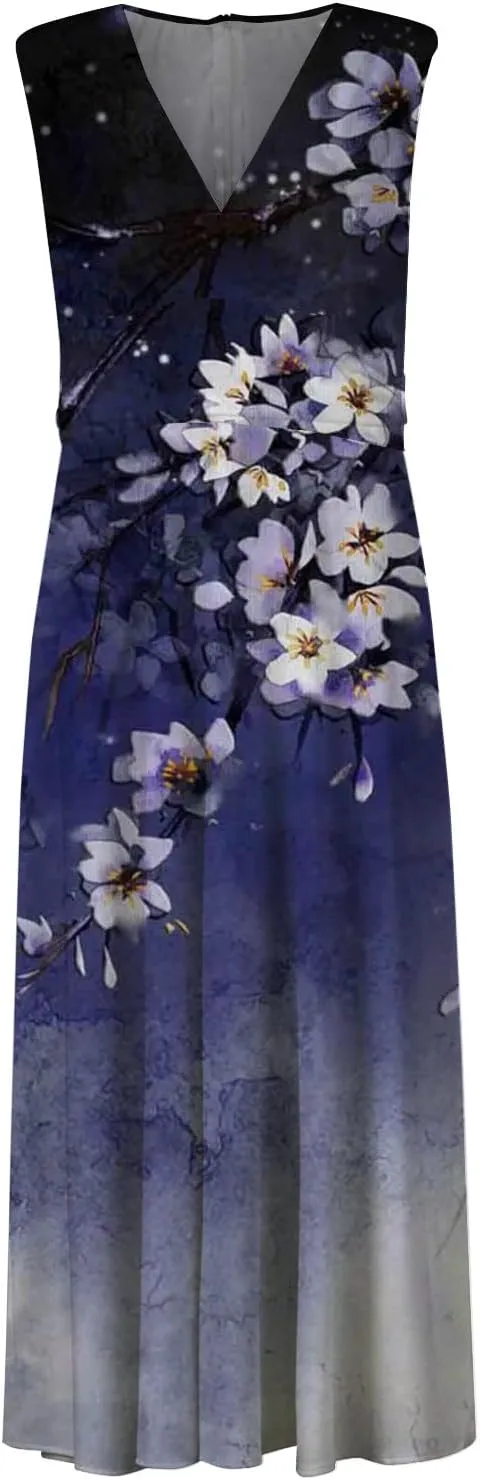Elegant Women's Floral Maxi Dress Sleeveless V-Neck Evening Gown with Print for Summer Parties