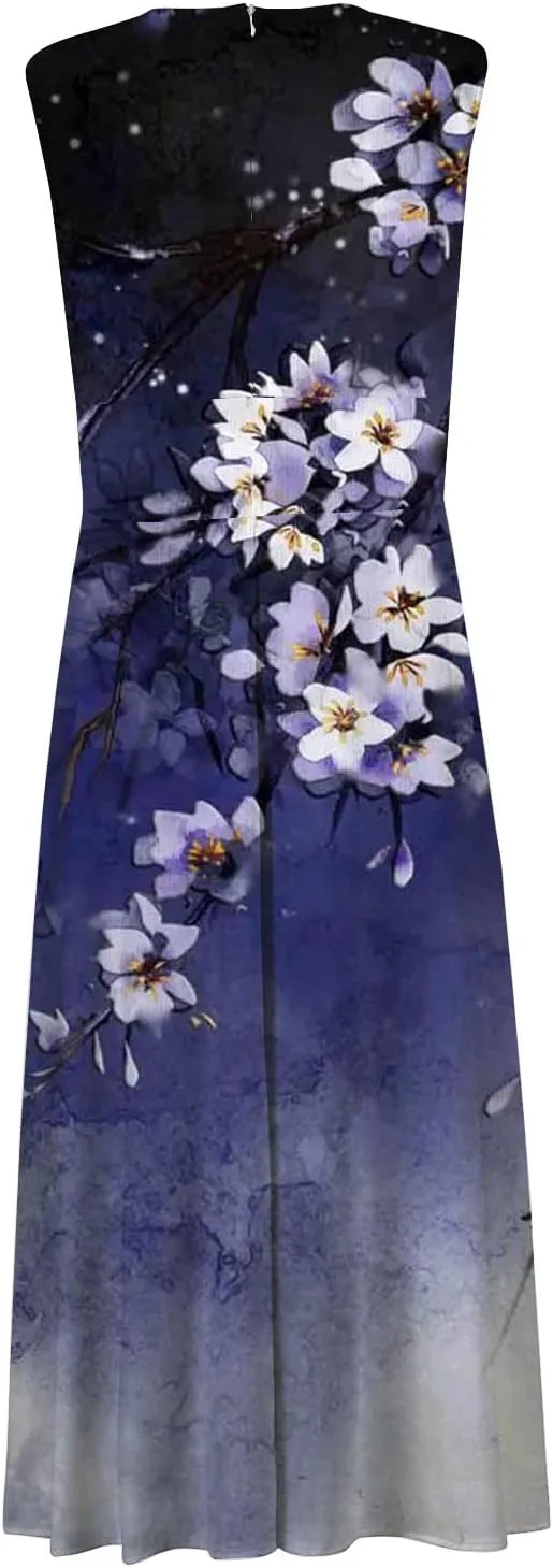 Elegant Women's Floral Maxi Dress Sleeveless V-Neck Evening Gown with Print for Summer Parties