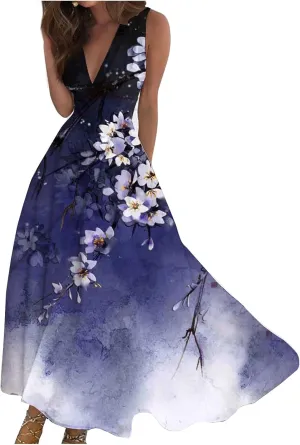 Elegant Women's Floral Maxi Dress Sleeveless V-Neck Evening Gown with Print for Summer Parties