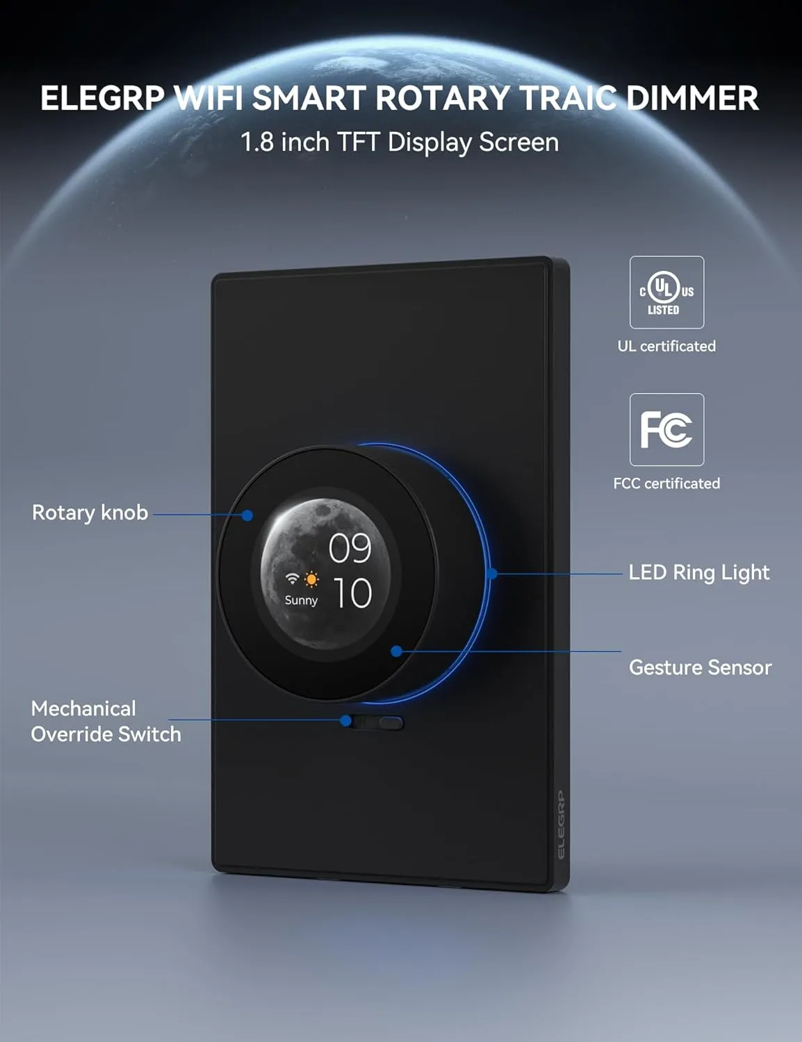ELEGRP WiFi Smart Rotary Traic Dimmer with 1.8 inch TFT Display Screen, Single Pole, Needs Neutral Wire, 2.4GHz Wi-Fi, Compatible with Alexa and Google Home, No Hub Required, UL Listed, 1 Pack, Black