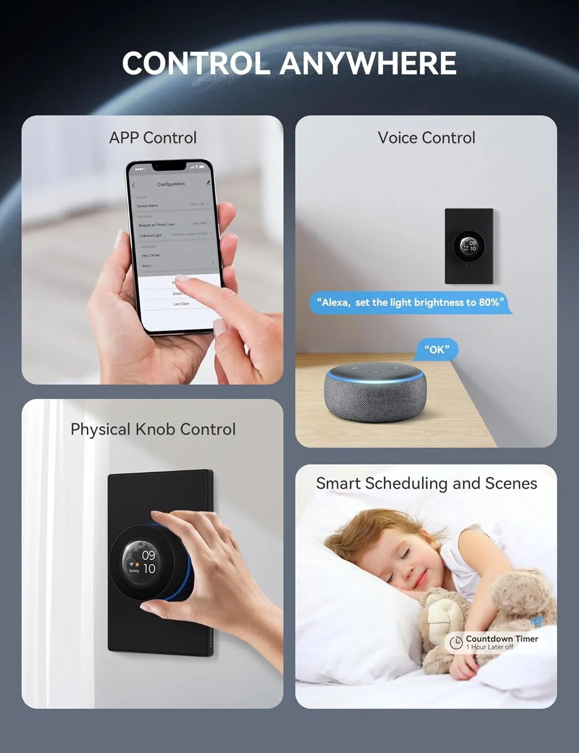 ELEGRP WiFi Smart Rotary Traic Dimmer with 1.8 inch TFT Display Screen, Single Pole, Needs Neutral Wire, 2.4GHz Wi-Fi, Compatible with Alexa and Google Home, No Hub Required, UL Listed, 1 Pack, Black