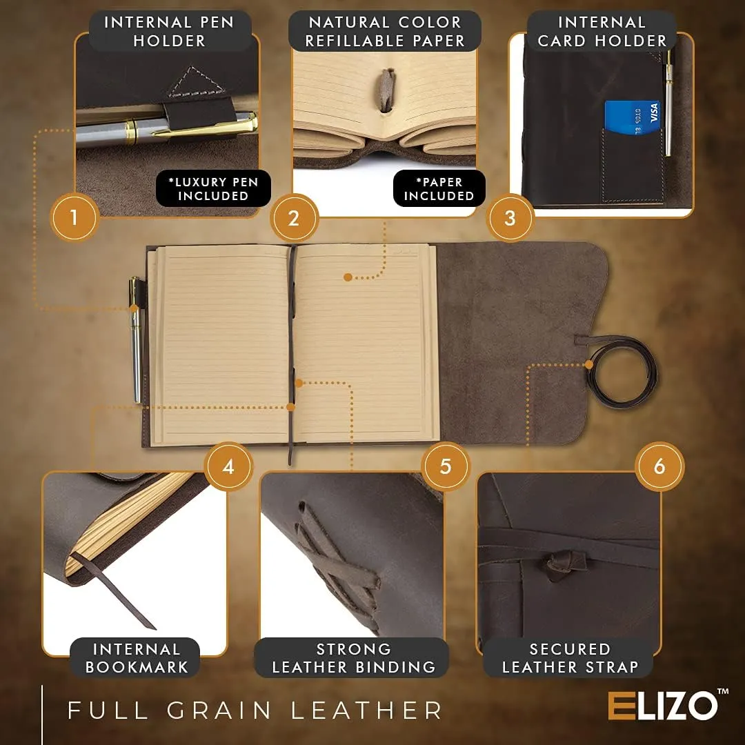 ELIZO Leather Journal Notebook Leather Bound Journal for Men - 7x9 Refillable Leather journal with Lined Pages - Writing Journals for Women - Large Travel Journal Diary Pen Gift Set