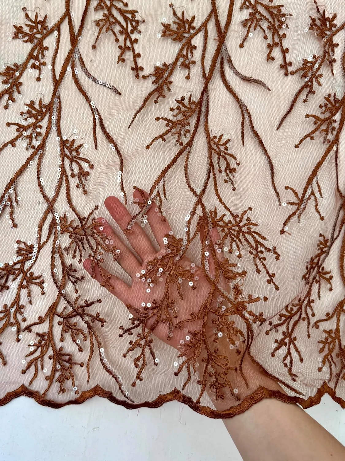 Embroidered Branch Lace Fabric by The Yard - Sequin Mesh - Perfect for Wedding Decorations, Bridal Shower, Wedding, Tablecloth - Floral Veil, and Elegant Floral Crafts - 58 inch - 1 Yard (Caramel)