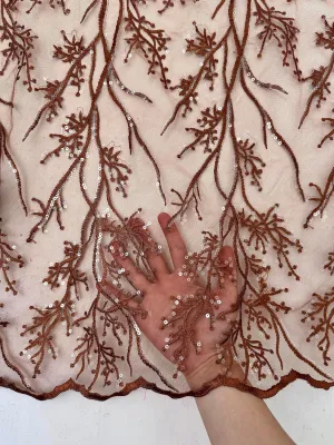 Embroidered Branch Lace Fabric by The Yard - Sequin Mesh - Perfect for Wedding Decorations, Bridal Shower, Wedding, Tablecloth - Floral Veil, and Elegant Floral Crafts - 58 inch - 1 Yard (Caramel)