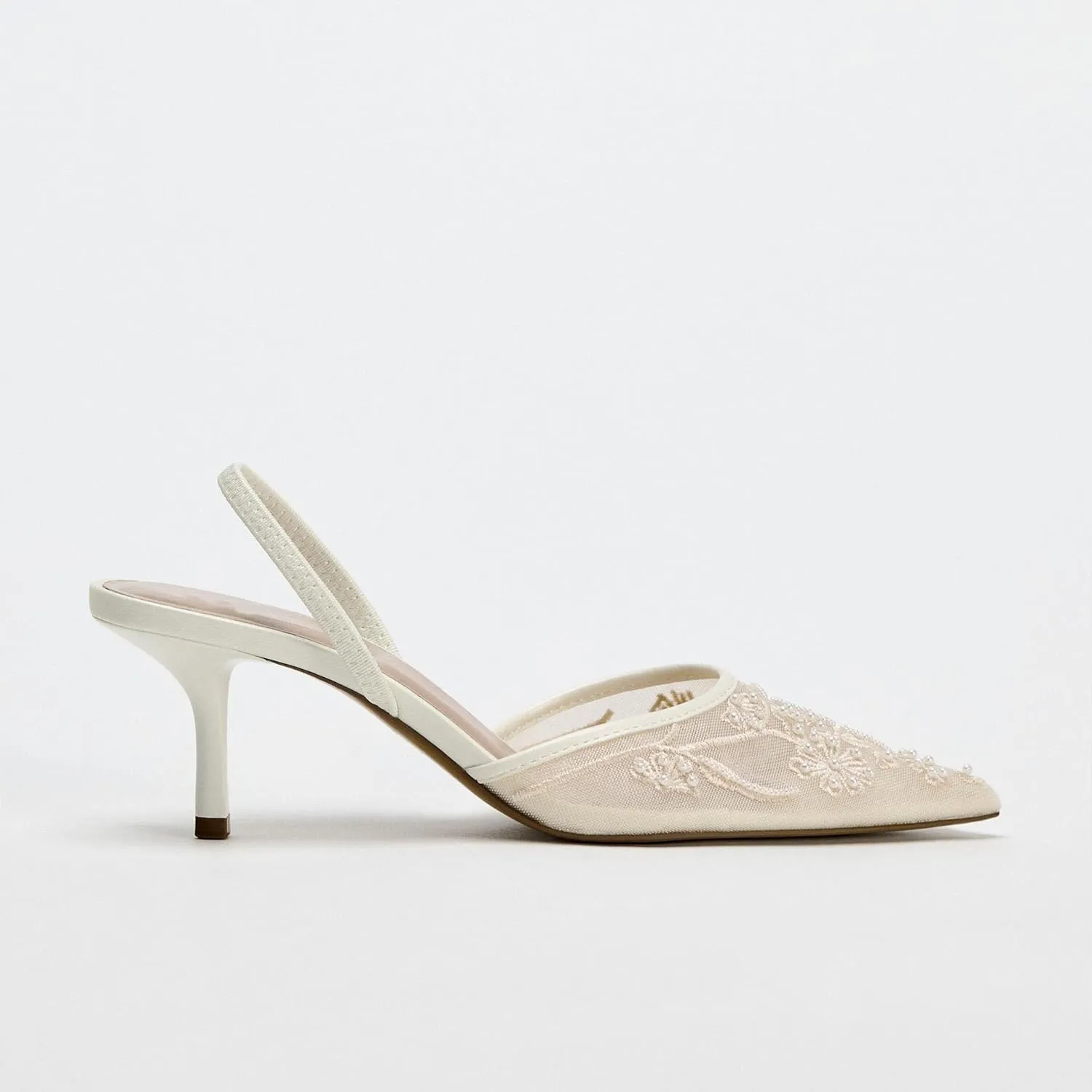 Embroidered Mesh Slingback Kitten Heels for Women Closed Pointed Toe Backless Slip On Heel Pumps with Pearl Wedding Party Dance Shoes