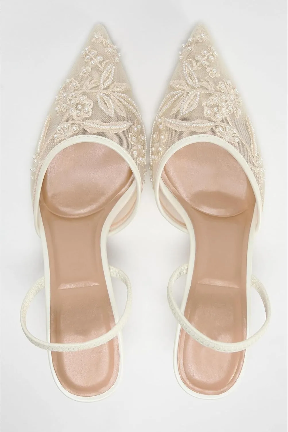 Embroidered Mesh Slingback Kitten Heels for Women Closed Pointed Toe Backless Slip On Heel Pumps with Pearl Wedding Party Dance Shoes