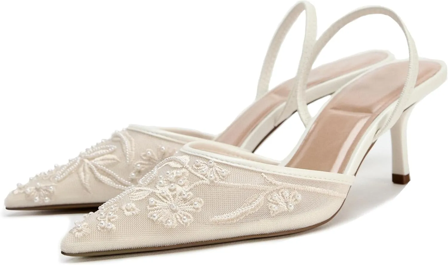Embroidered Mesh Slingback Kitten Heels for Women Closed Pointed Toe Backless Slip On Heel Pumps with Pearl Wedding Party Dance Shoes