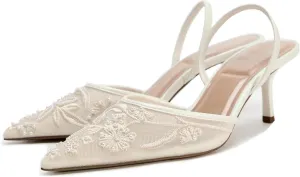 Embroidered Mesh Slingback Kitten Heels for Women Closed Pointed Toe Backless Slip On Heel Pumps with Pearl Wedding Party Dance Shoes