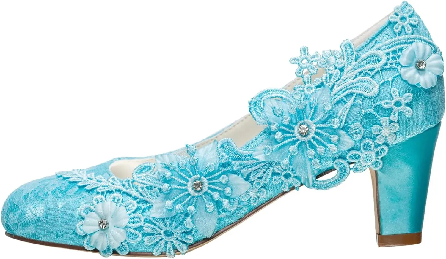 Emily Bridal Wedding Shoes Women's Silk Like Satin Chunky Heel Pumps with Stitching Lace Flower Crystal Pearl