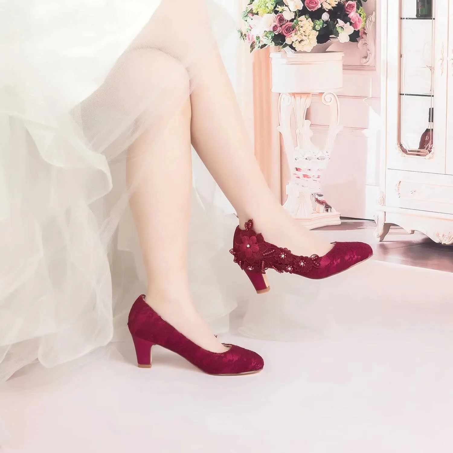 Emily Bridal Wedding Shoes Women's Silk Like Satin Chunky Heel Pumps with Stitching Lace Flower Crystal Pearl