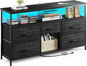 EnHomee TV Stand Dresser with LED Lights & Power Outlets for 50" TV Stand for Bedroom with 5 Drawers Wide Dresser for Bedroom Dresser with Shelves for Living Room, Sturdy Metal Frame, Black