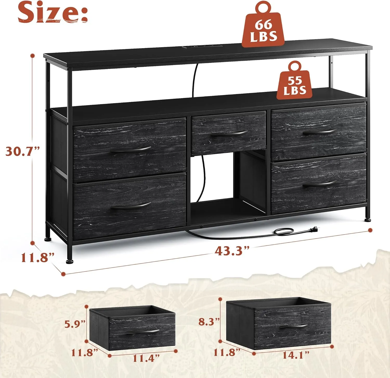 EnHomee TV Stand Dresser with LED Lights & Power Outlets for 50" TV Stand for Bedroom with 5 Drawers Wide Dresser for Bedroom Dresser with Shelves for Living Room, Sturdy Metal Frame, Black