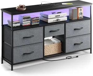 EnHomee TV Stand Dresser with LED Lights & Power Outlets for 50" TV Stand for Bedroom with 5 Drawers Wide Dresser for Bedroom with Shelves for Living Room, Sturdy Metal Frame, Grey