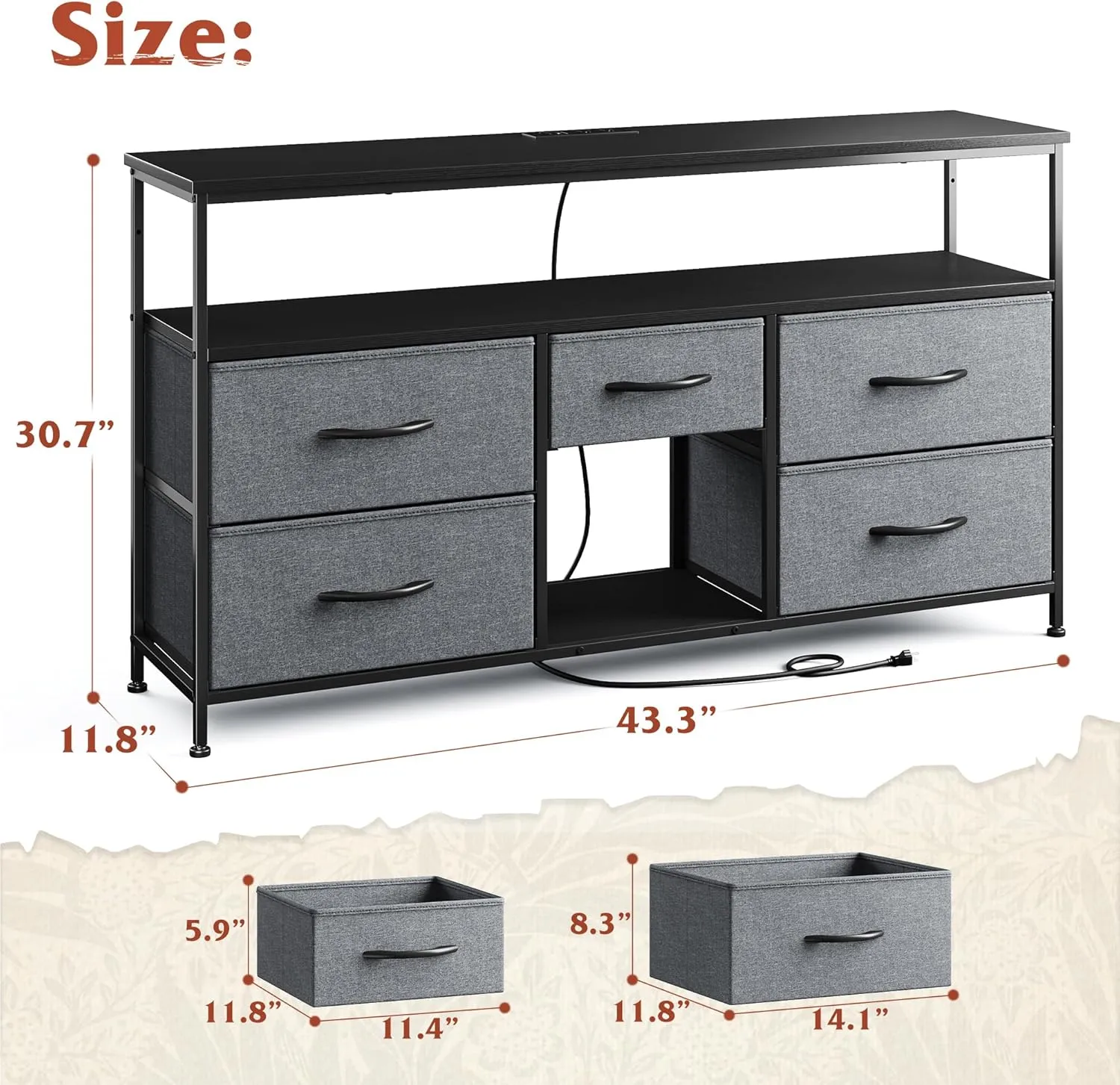 EnHomee TV Stand Dresser with LED Lights & Power Outlets for 50" TV Stand for Bedroom with 5 Drawers Wide Dresser for Bedroom with Shelves for Living Room, Sturdy Metal Frame, Grey