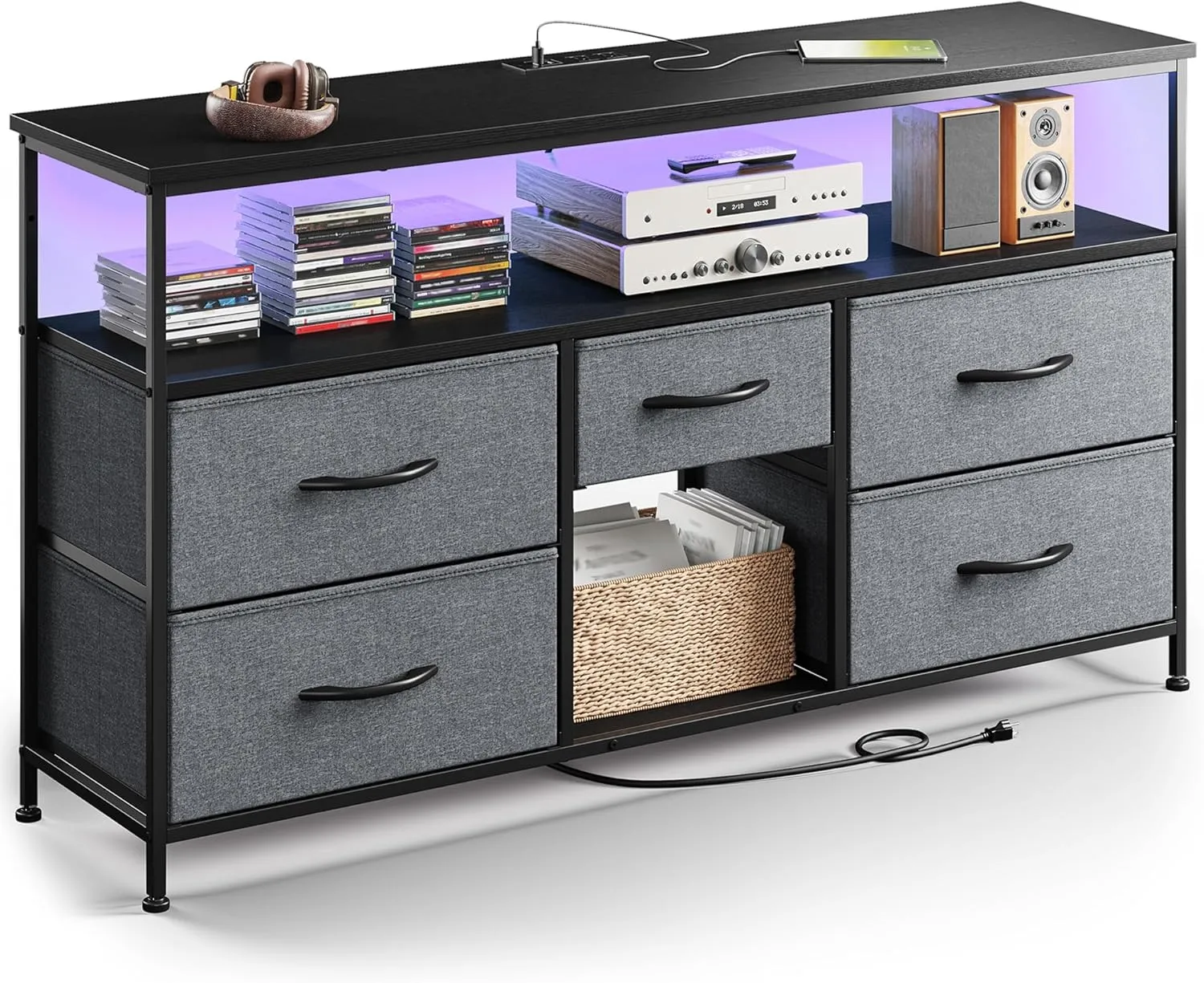 EnHomee TV Stand Dresser with LED Lights & Power Outlets for 50" TV Stand for Bedroom with 5 Drawers Wide Dresser for Bedroom with Shelves for Living Room, Sturdy Metal Frame, Grey