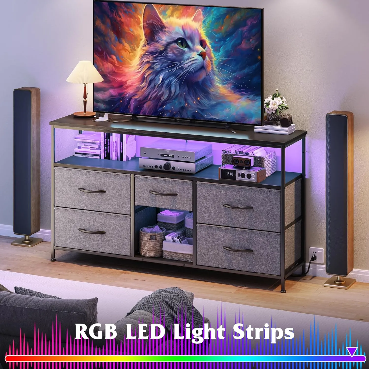 EnHomee TV Stand Dresser with LED Lights & Power Outlets for 50" TV Stand for Bedroom with 5 Drawers Wide Dresser for Bedroom with Shelves for Living Room, Sturdy Metal Frame, Grey
