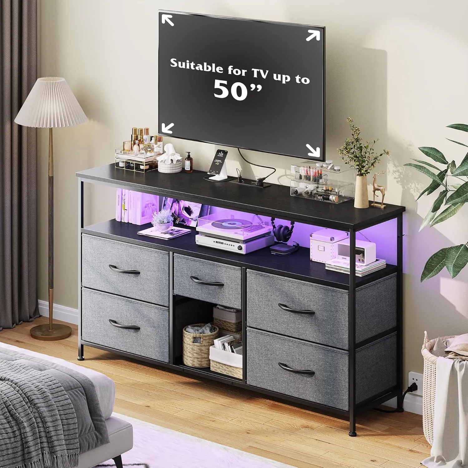 EnHomee TV Stand Dresser with LED Lights & Power Outlets for 50" TV Stand for Bedroom with 5 Drawers Wide Dresser for Bedroom with Shelves for Living Room, Sturdy Metal Frame, Grey